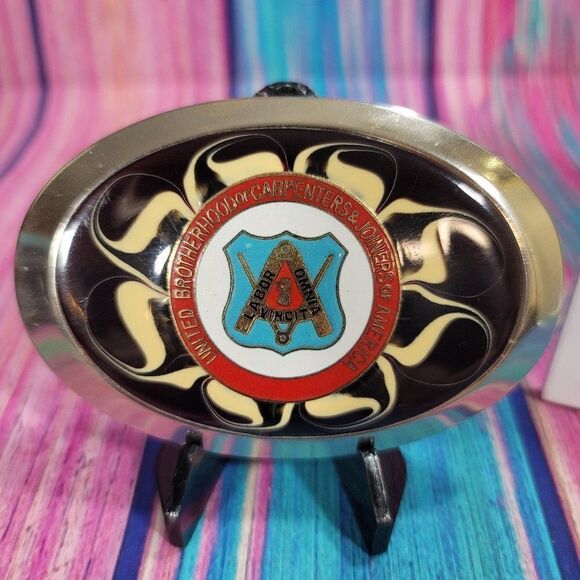 United Brotherhood of Carpenters and Joiners of America on Red Epoxy Belt Buckle - Picture 2 of 6